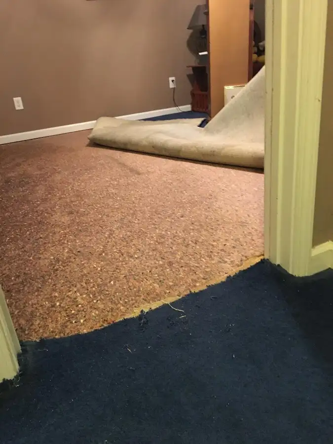 Carpet pad removal revealing water damage during Water Mitigation Services in Foster City